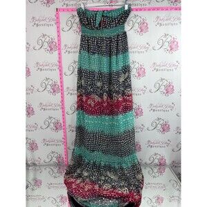 Roxy Strapless Maxi Dress tiered style colors in Teal, Navy & pink tie up ribbon